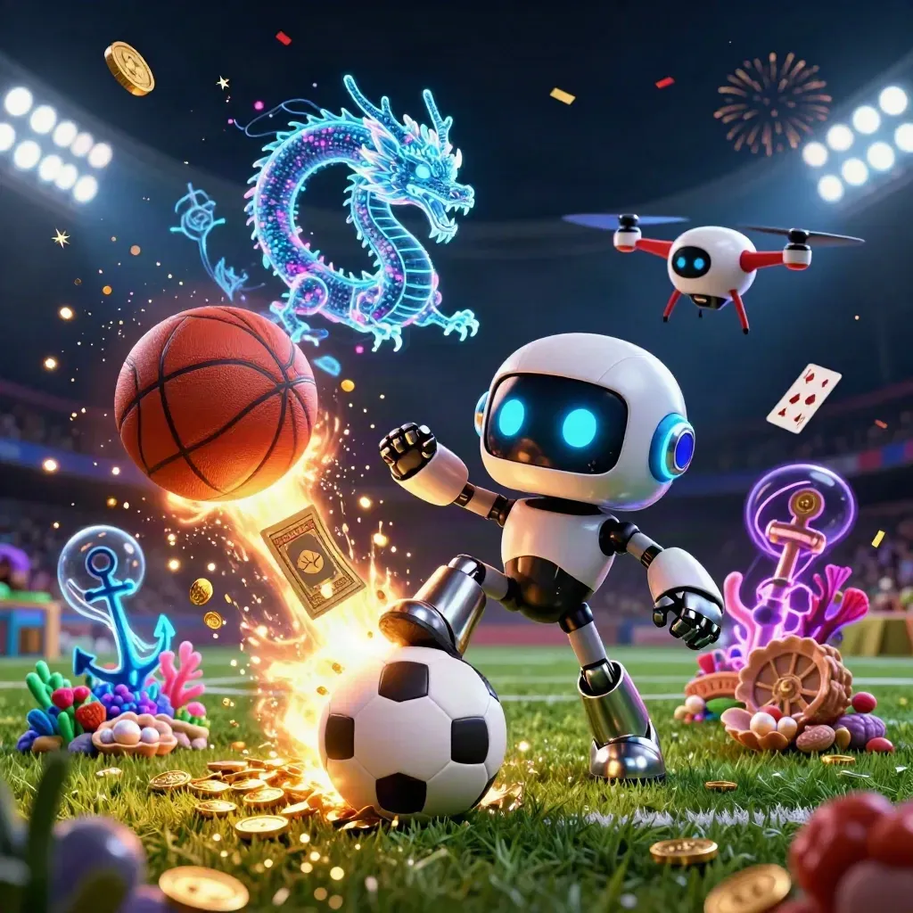Robot mascot strikes a soccer ball in a treasure-lit casino football burst with dragon and drone.