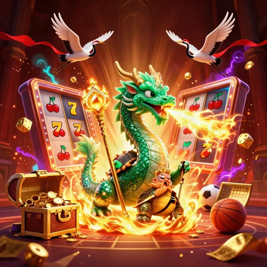 Emerald dragon, turtle sage and cranes amid slot jackpots, sports balls and golden fire.