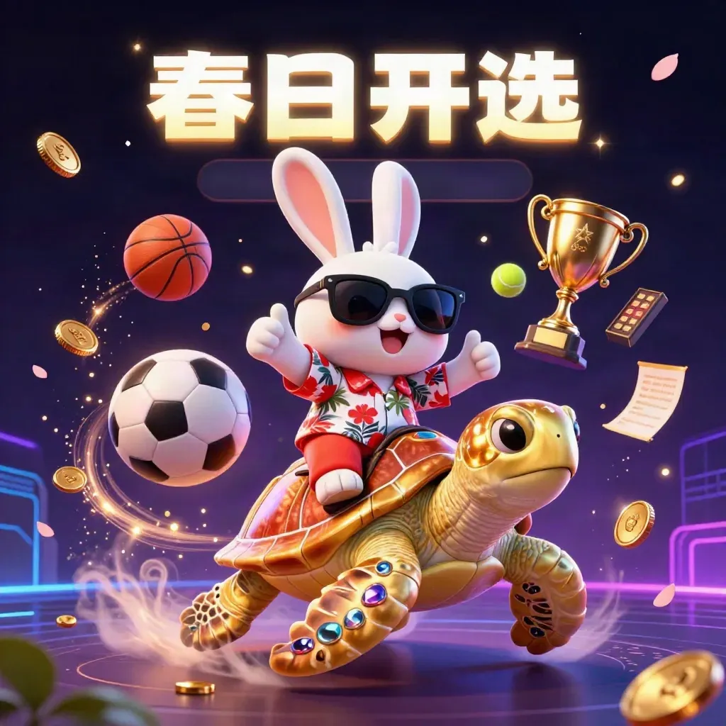 Lucky rabbit rides a gem-shelled sea turtle amid sports balls, coins, and neon casino light.