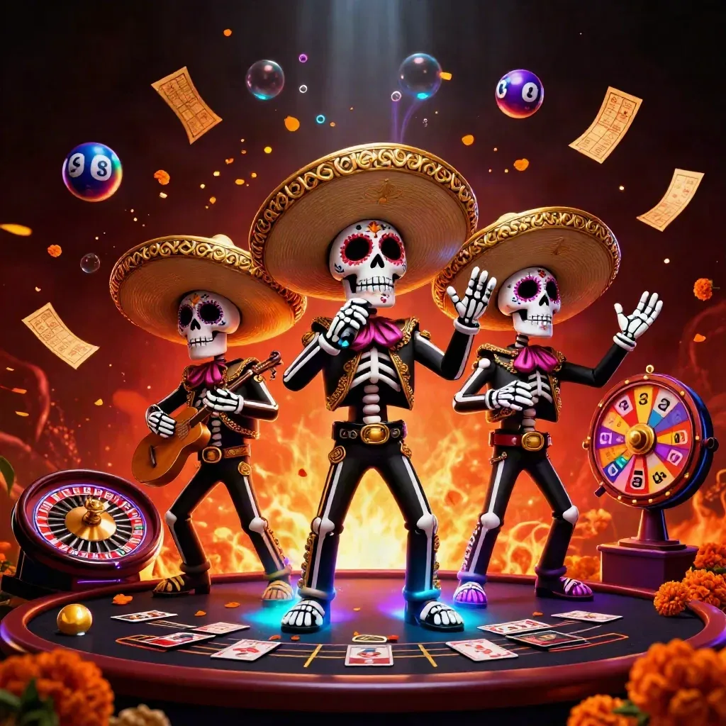Skeleton mariachi trio with spinning casino elements in a dark crimson glow