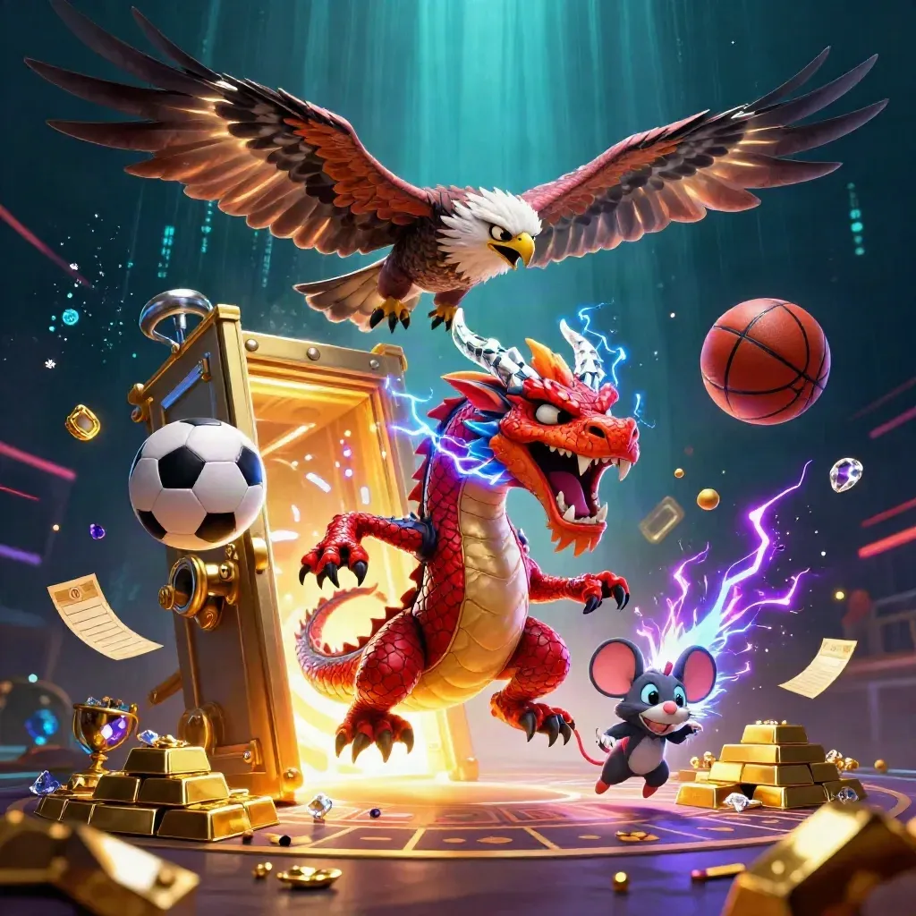 Thunder dragon, hawk and mouse explode around gold vault, balls and lightning in dark casino art.