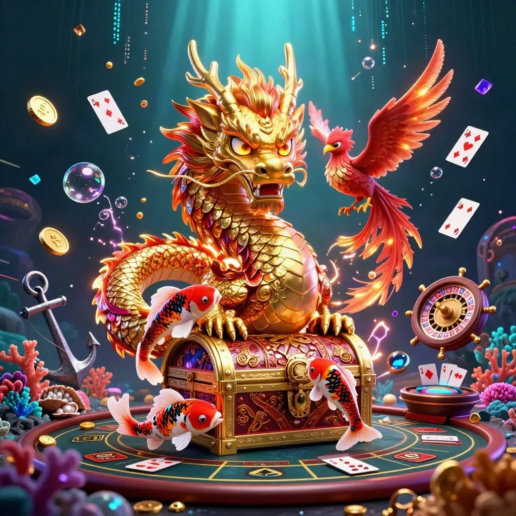 Golden dragon, phoenix, and koi amid casino relics glowing in an underwater treasure cove.