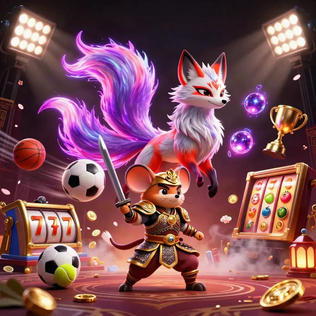 Fox spirit and samurai mouse amid sports balls, coins, trophy, and neon casino magic