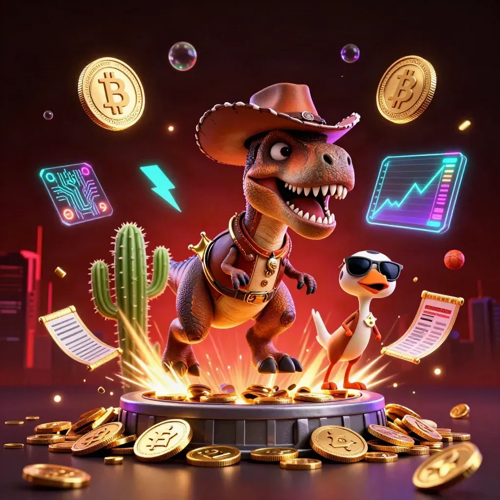 Cowboy T-Rex, cactus sidekick, and roadrunner amid vault coins, crypto links, fireworks, and casino glow
