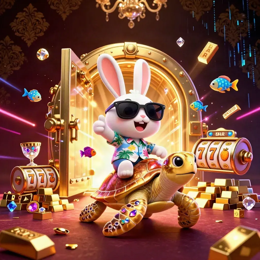 Lucky rabbit rides a golden turtle amid treasure, reels, and neon casino energy