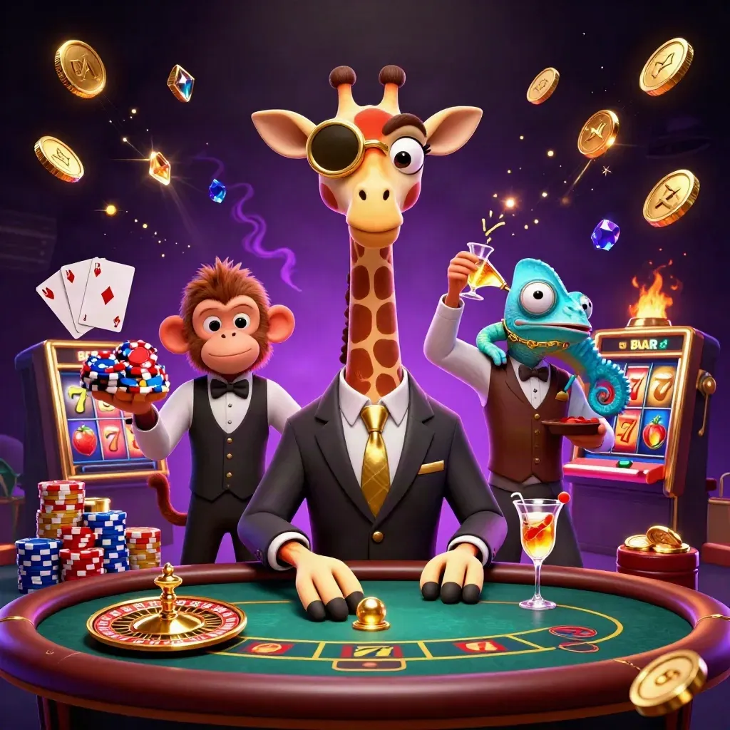 Giraffe high roller with valet monkey and chameleon bartender amid casino chips, cards, coins and purple glow