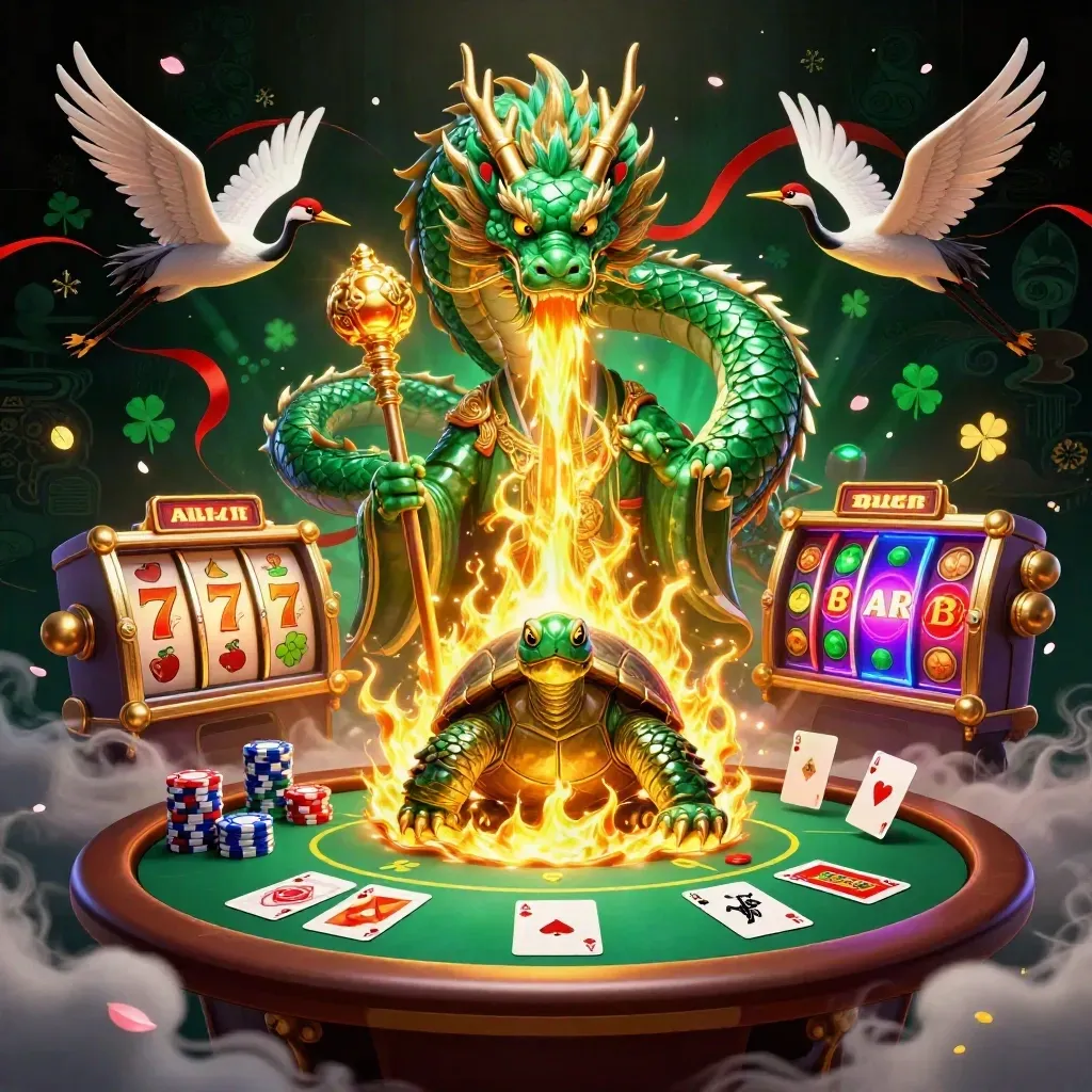 Emerald dragon, turtle sage and cranes amid casino chips, cards, gold fire and runes.